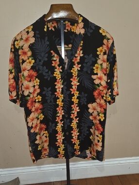 Men's Black Hawaiian Floral Shirt with Orange & Yellow Blooms